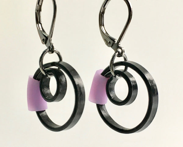 These Reel earrings with a lavender accent are a simple fairly small earring that hangs 2cm long.