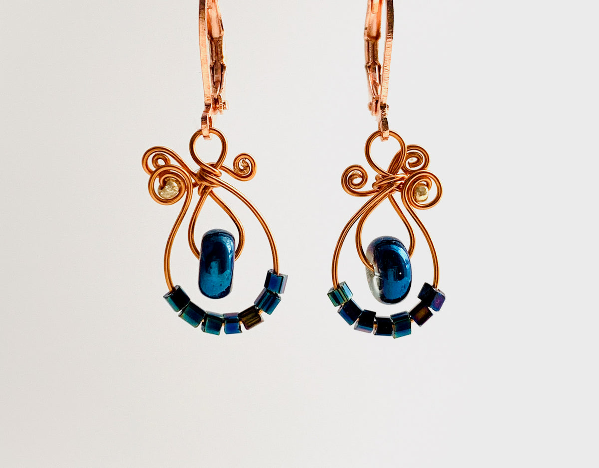 Classic MiMi earrings in Copper wire with irridescent navy glass and i – MiMi Jewellery