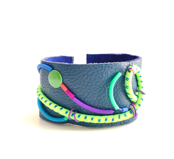 United: Lime swirl on Blue Leather Cuff