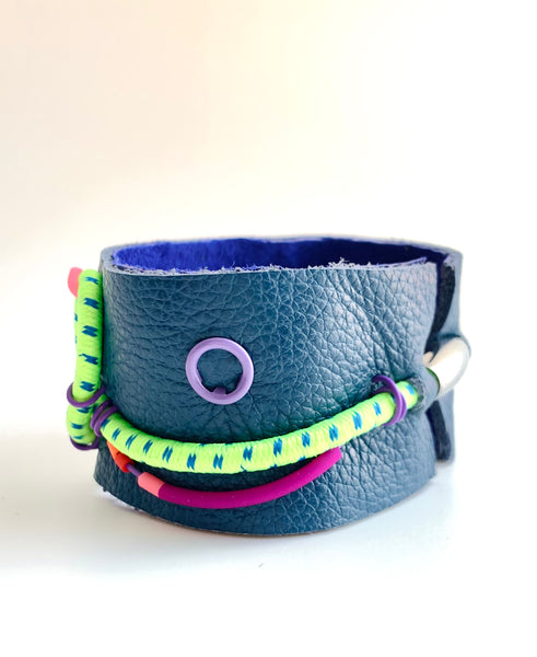 United: Lime swirl on Blue Leather Cuff