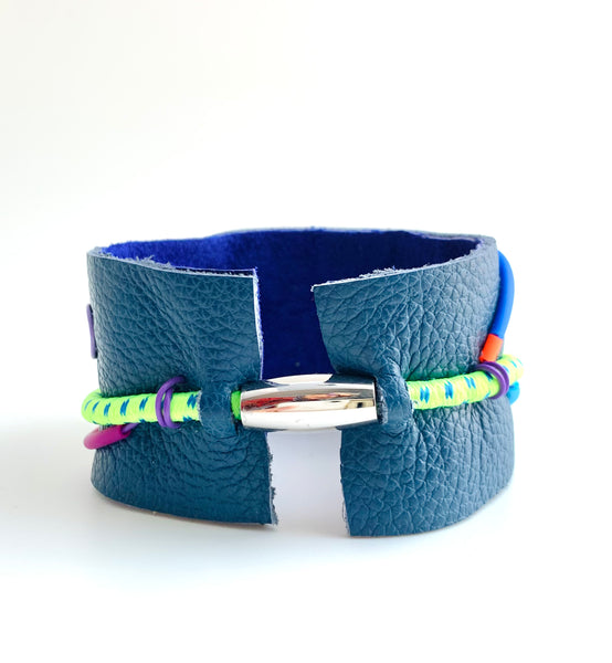 United: Lime swirl on Blue Leather Cuff