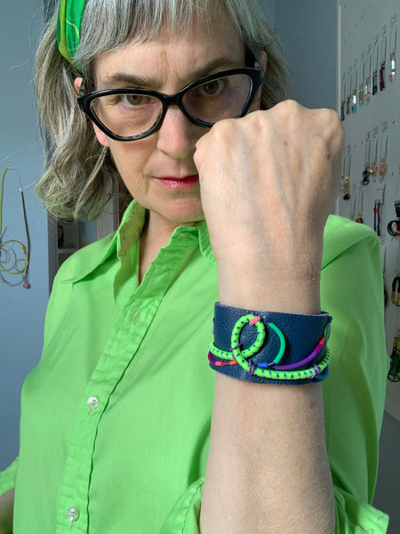 United: Lime swirl on Blue Leather Cuff