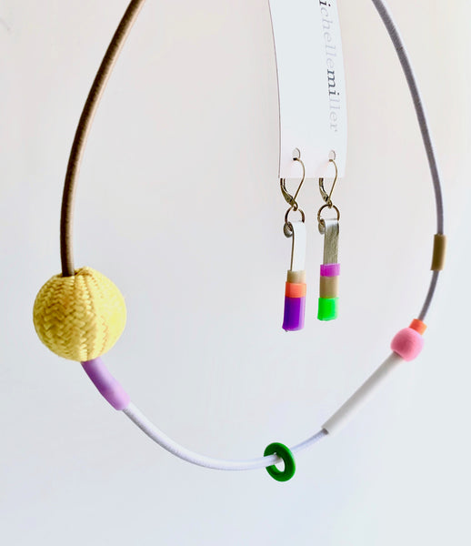 This piece is made on 3mm shock cord and has an interlocking magnetic clasp. It is 50 cm in length. Paired here with Matchstick earring, sold separately.