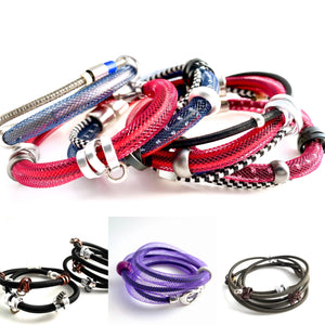 multiple colored cable connected bracelets