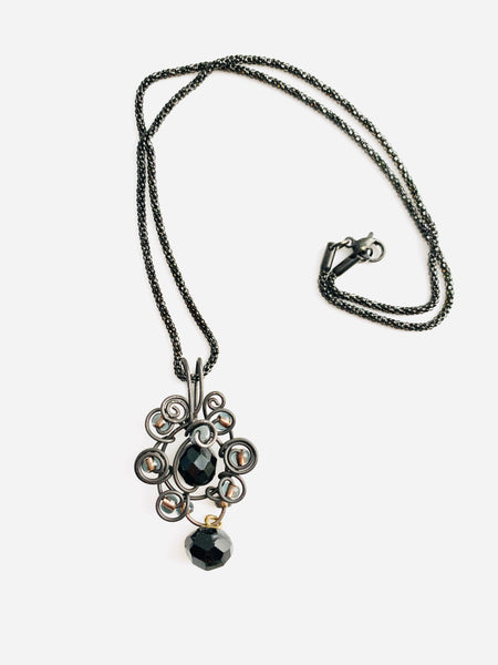 Classic MiMi Necklace, Black foral with vintage jet bead