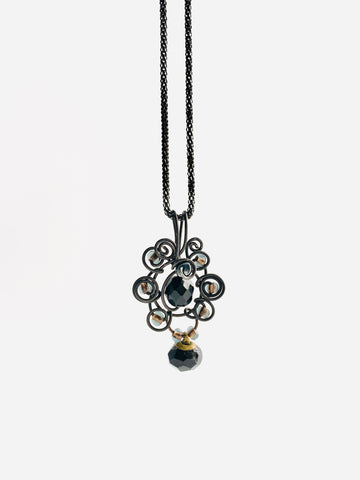 Classic MiMi Necklace, Black foral with vintage jet bead