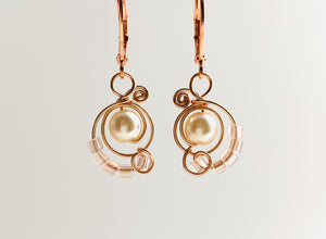 Classic MiMi earrings in Rose Gold coloured copper wire with faux pearl and soft blush glass beads