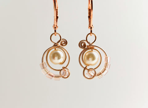 Classic MiMi earrings in Rose Gold coloured copper wire with faux pearl and soft blush glass beads