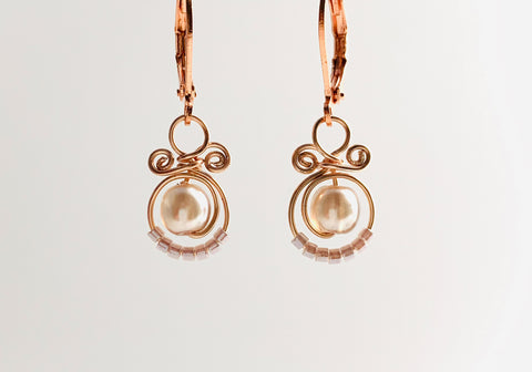 Classic MiMi earrings in Rose Gold coloured copper wire with irridescent pearl glass and soft pink glass beads