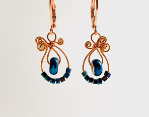 Classic MiMi earrings in Copper wire with irridescent navy glass and irridescent navy glass beads