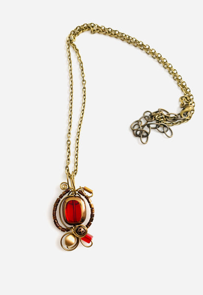 Classic MiMi Necklace in Antique Brass wire with red+gold