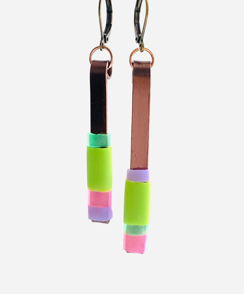 Matchstick Earrings in bronze, green and pastels