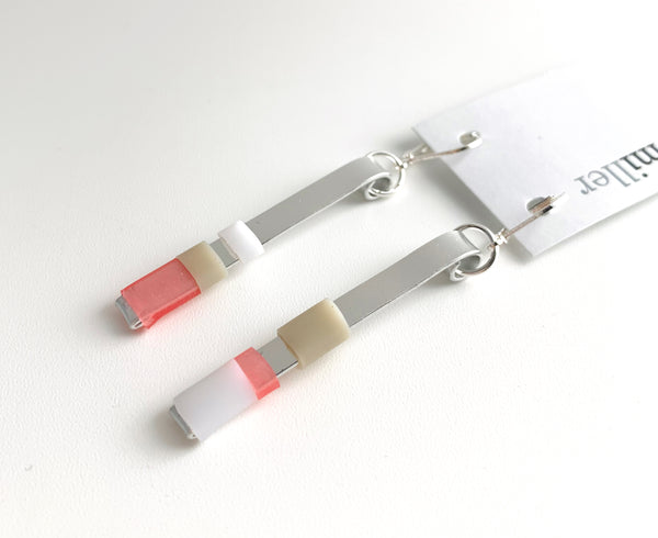 Matchstick Earrings in Silver with white, beige + pink