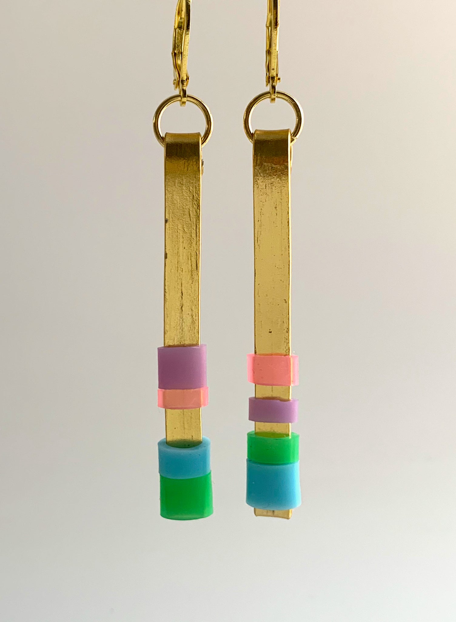 Matchstick Earrings in Gold, pink, lavender, light blue+green