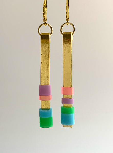 Matchstick Earrings in Gold, pink, lavender, light blue+green