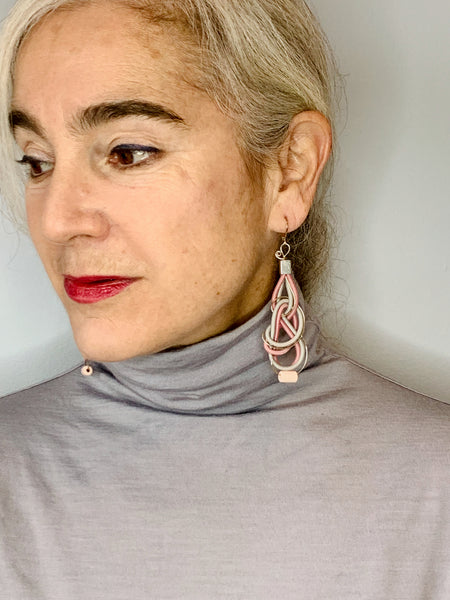One of a kind earrings: Pink+Gray long knotted earrings