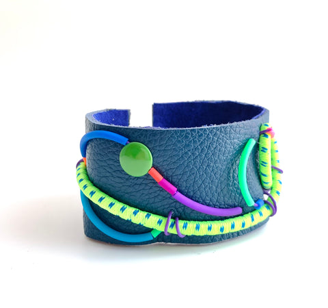 United: Lime swirl on Blue Leather Cuff